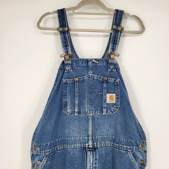 Vintage 90s Carhartt Loose Fit Denim Overalls Work Worn Distressed Blue 42 x 30 - Picture 3 of 15
